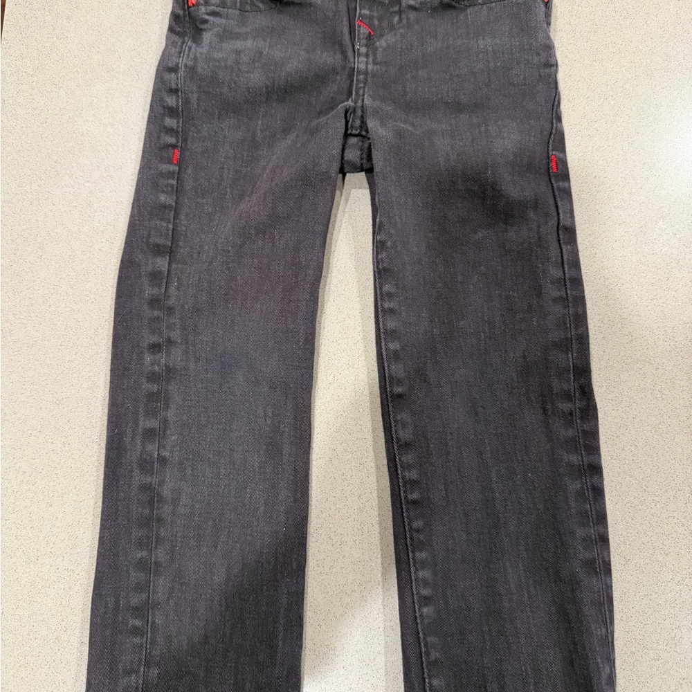 True Religion Boys Jeans Size 5 Black Red Stitch Denim Straight Leg Designer